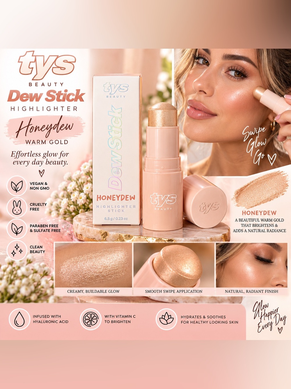 TYS Beauty Dew Stick Highlighter Honeydew Warm Gold 6.5g Vegan NEW IN BOX
